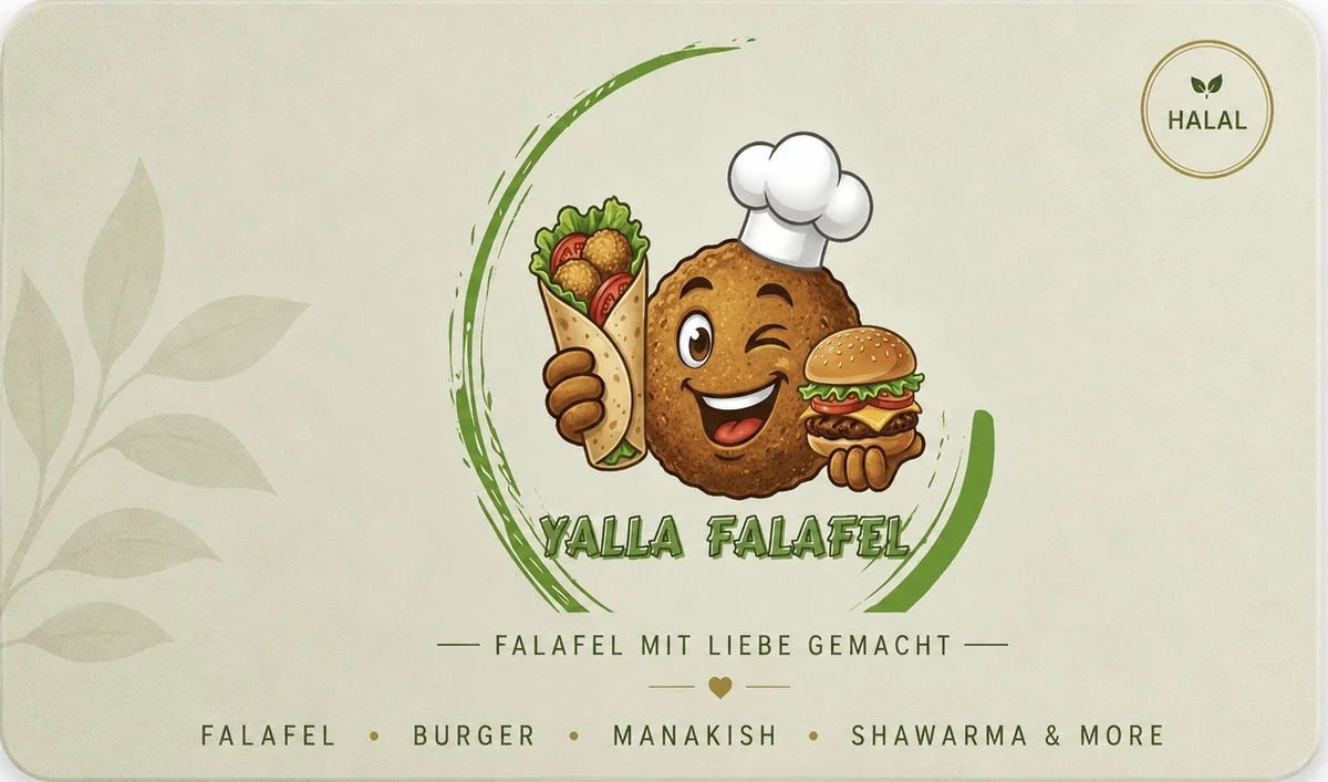 Yalla Falafel Rückseite mit Logo und Halal Zeichen