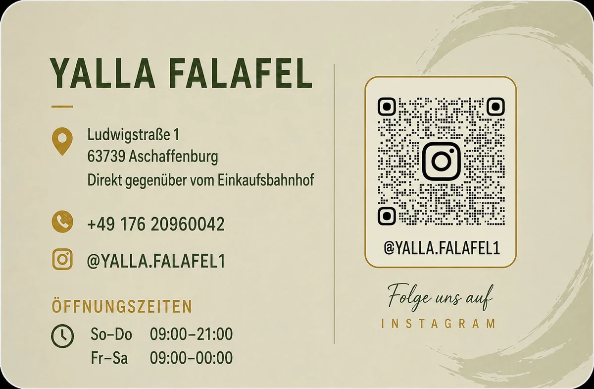 Yalla Falafel Kontaktkarte mit Adresse, Telefon und Instagram QR-Code