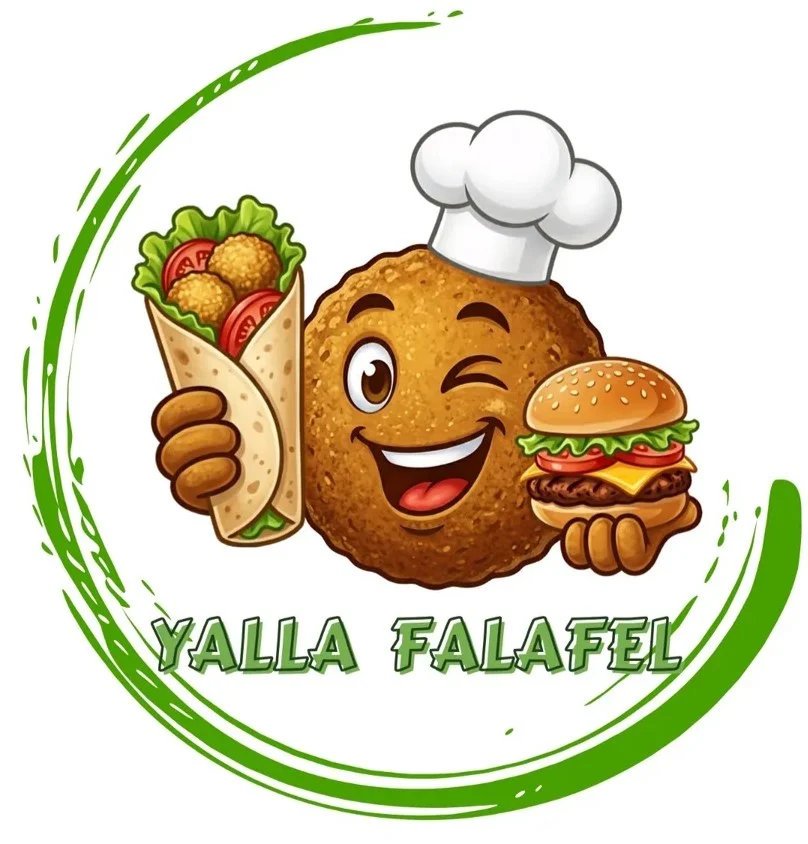 Yalla Falafel Maskottchen mit Falafel und Burger
